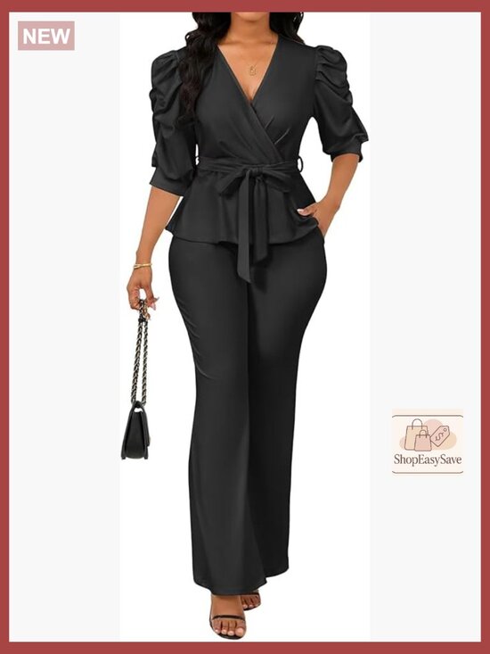 Pants - Dressy 2 Piece Pant Set Ruffle Top Wide Leg Business Pantsuits Fall Outfits